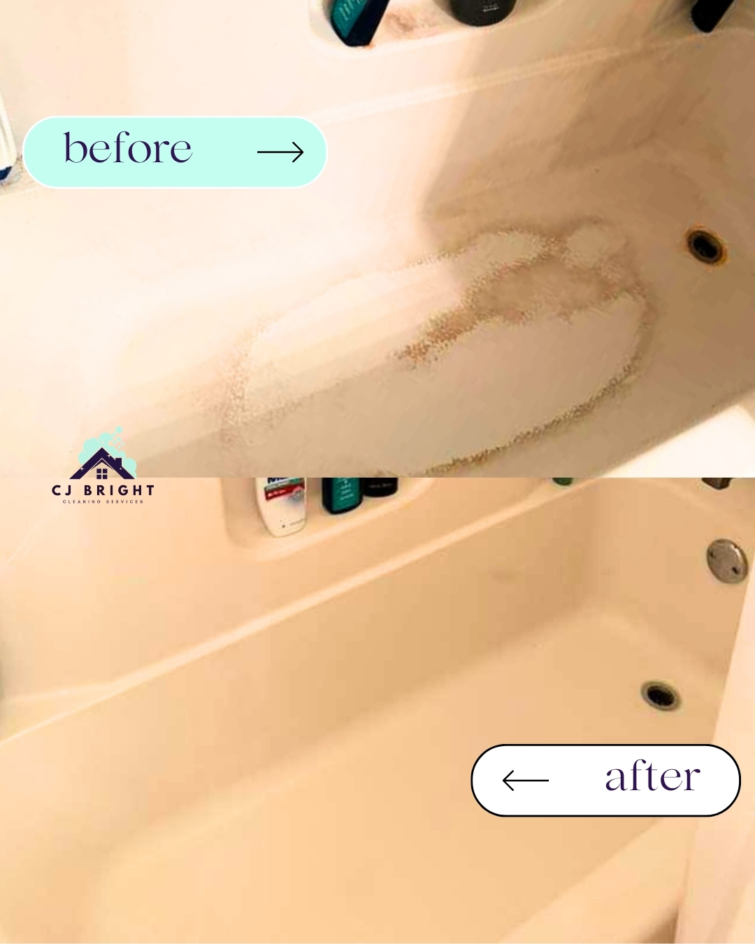 Bathtub deep clean — before and after cleaning by CJ Bright Cleaning Service