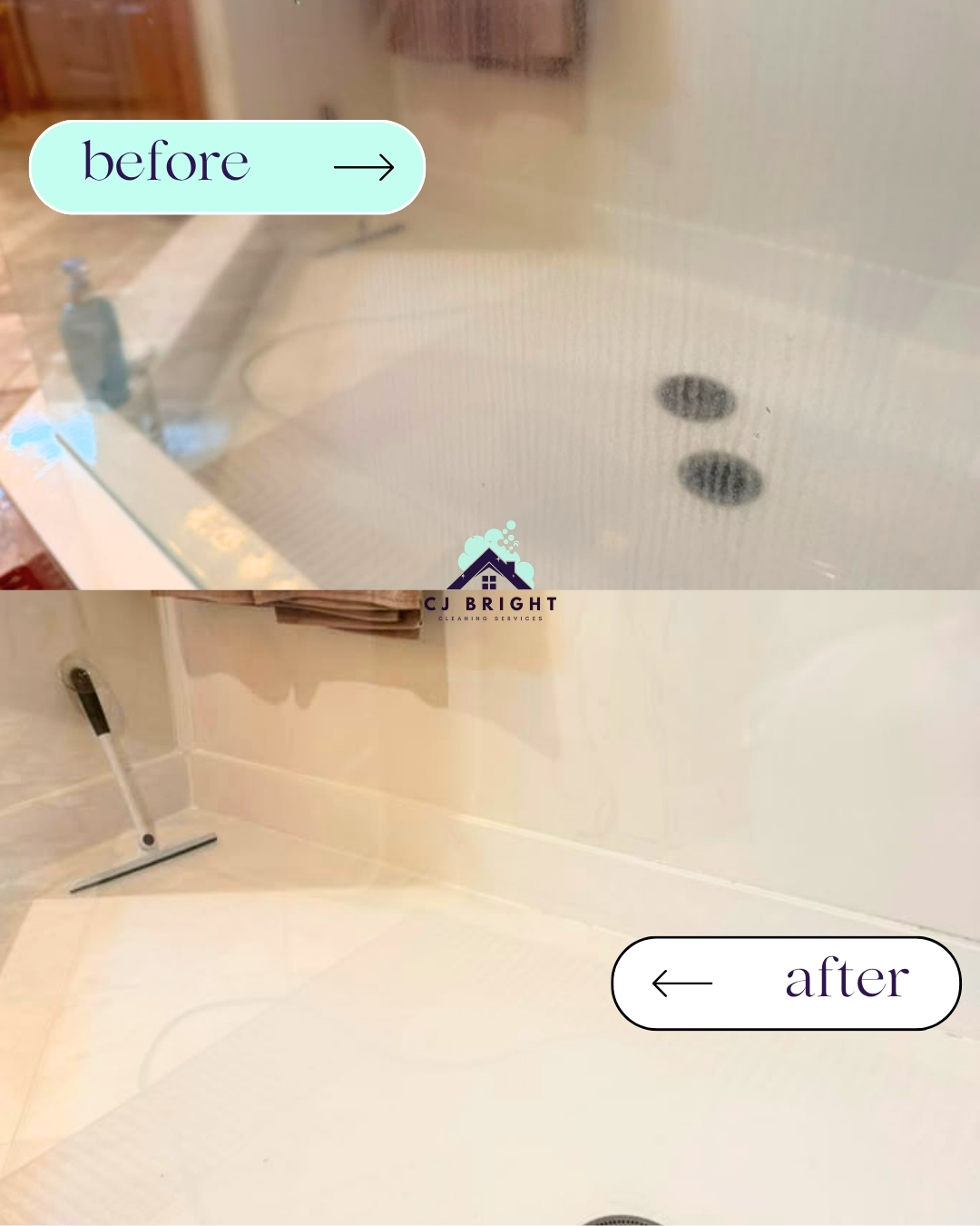 Tub & glass detail — before and after cleaning by CJ Bright Cleaning Service
